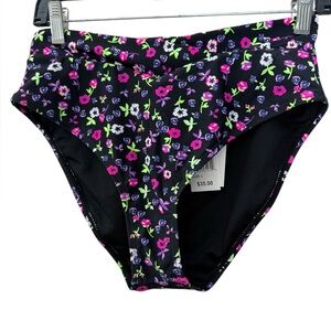 NWT Cyn & Luca black pink purple green ditsy floral bikini bottom size large